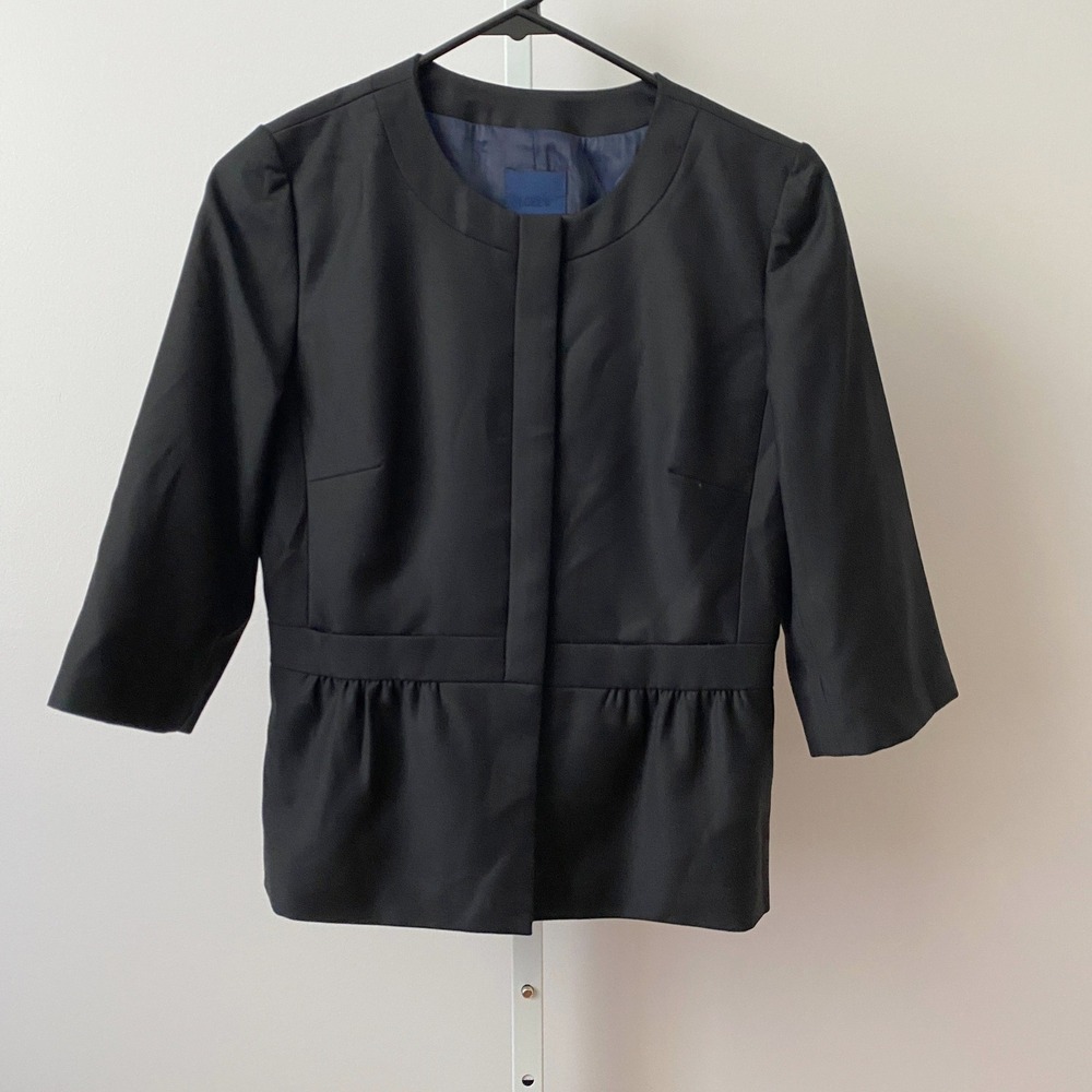 J.Crew Size 2‎ Black Wool Peplum Blazer 3/4 Sleeve Hidden Button Career Jacket